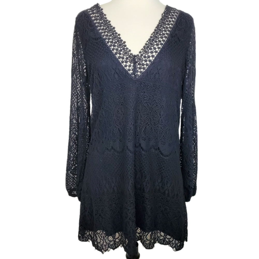 Mustard Seed Linen Blend Crocheted Lace Open Back Mini Dress Tunic Black Size S